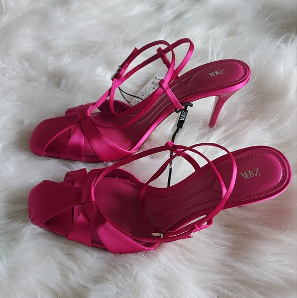 Zara Satin Effect Pink Strappy Heels Sz-10 - Picture 7 of 12